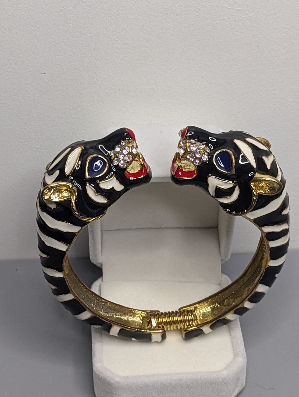 Vintage Black Tiger Rhinestone Bracelet Gold Tone Enamel Statement Jewelry